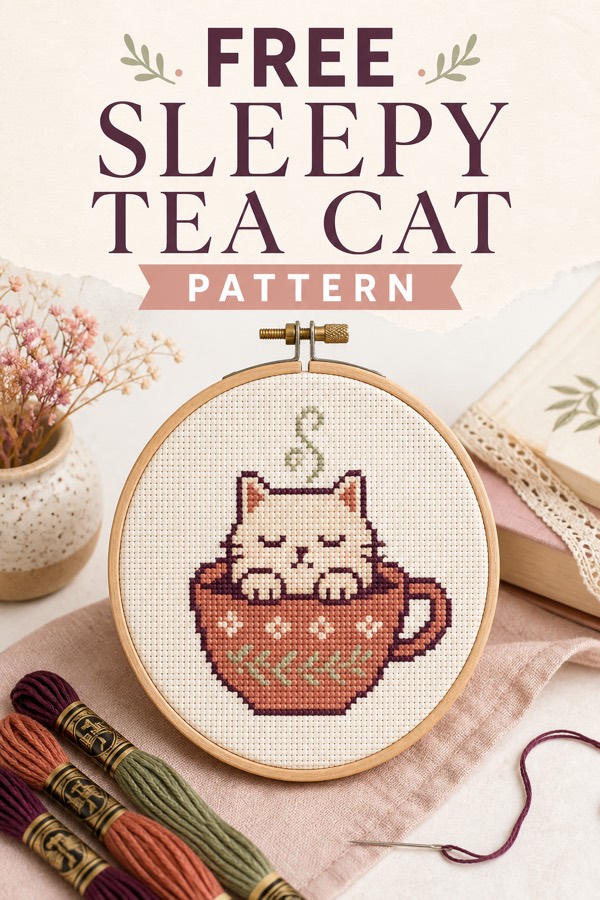 A finished cross stitch of a sleepy cream cat sitting in a terracotta teacup